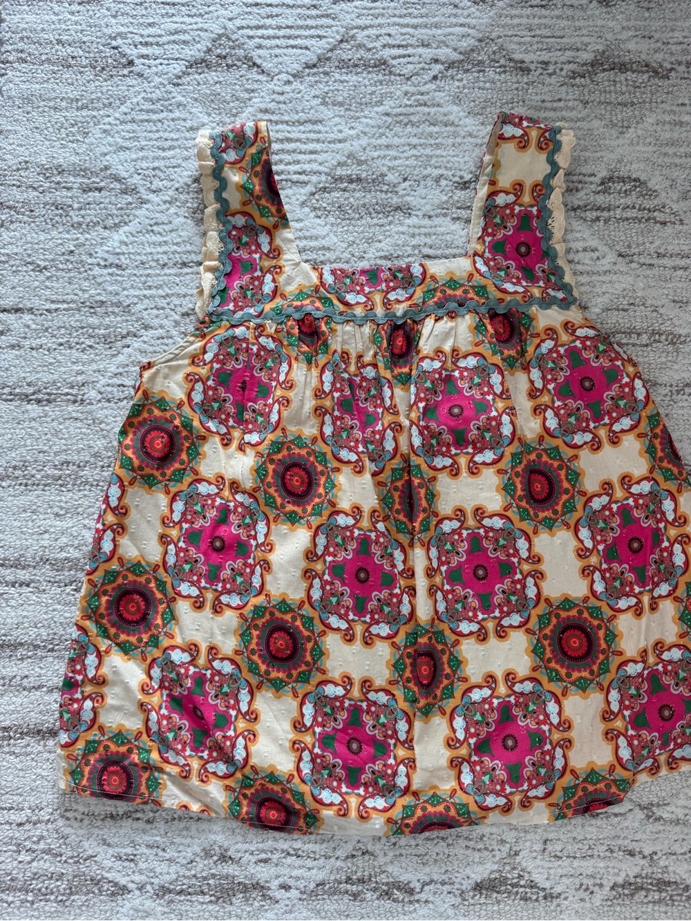 Anthropologie Cream Tank Top with Pink and Green Medallion Print